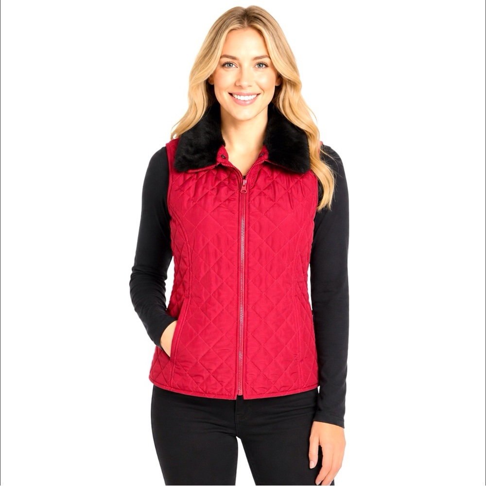 New Direction Quilted Vest With Faux Fur Removable Collar Zip Up Size Large